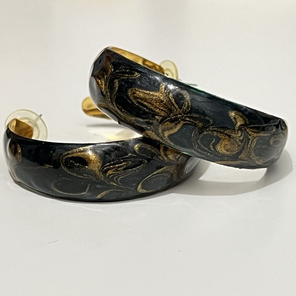 Vintage‎ Metal Hoop Earrings Greenish Black Gold Shimmer 70s